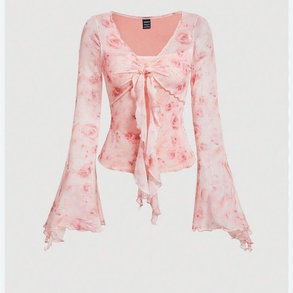 SHEIN Tops - Light Pink Floral Tie-Front Blouse